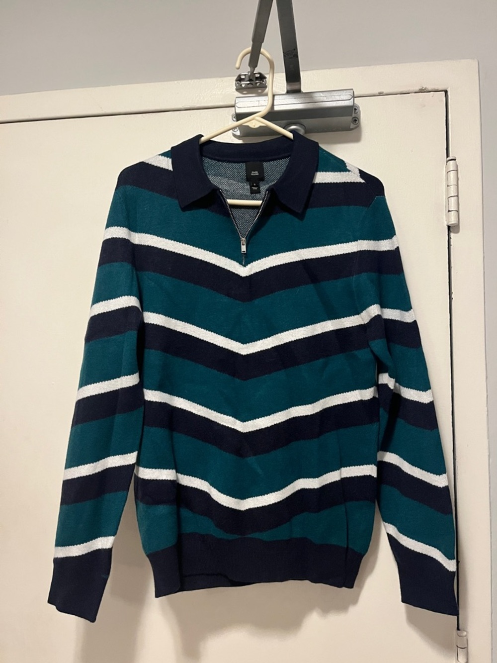 Men's Teal & Navy Striped Zip Polo Sweater Harry styles
